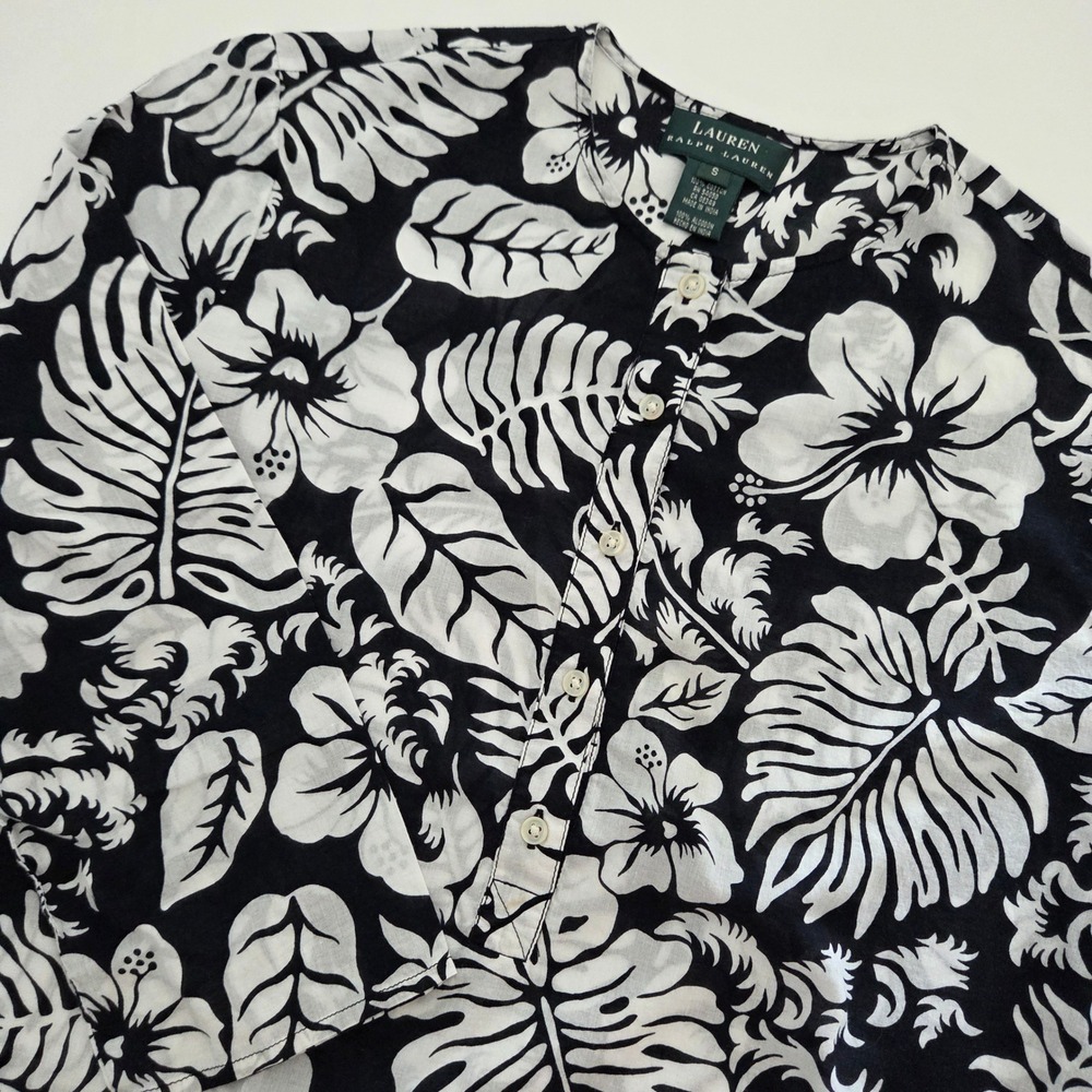 Lauren Ralph Lauren Tunic Top‎ Black White Hibiscus Tropical Womens Small
